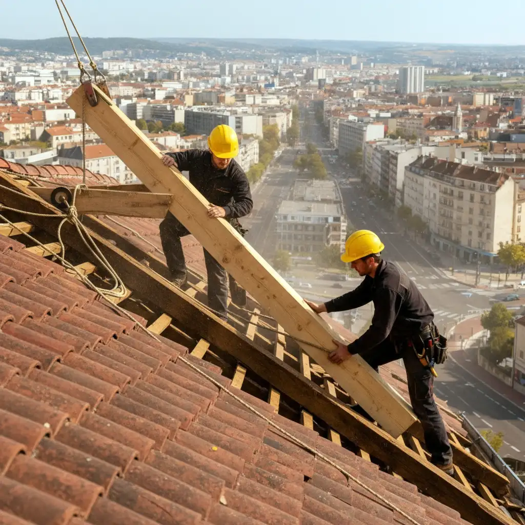charpentiers changent une poutre à Roanne